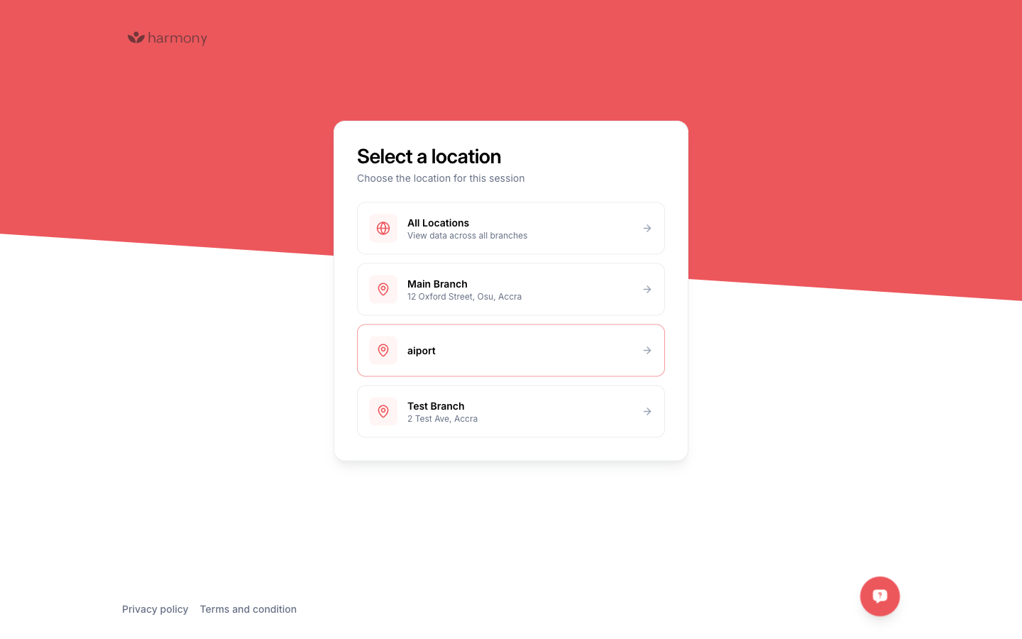 The branch-selection screen that follows for multi-branch staff.