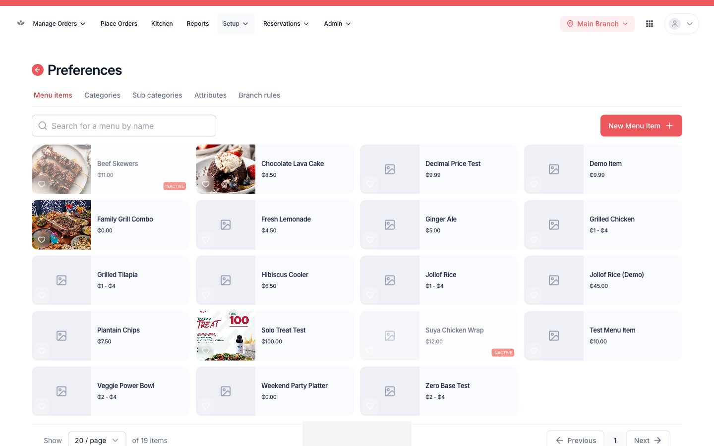The menu grid of item cards.
