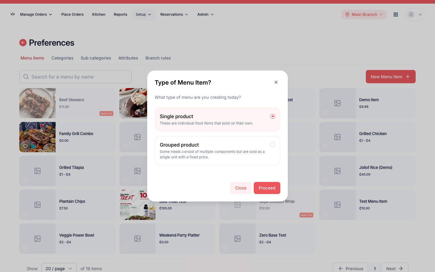 The “New Menu Item” first step — single vs grouped product chooser.