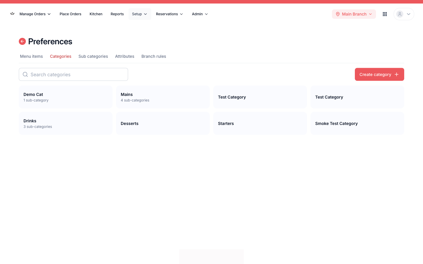The categories screen with images and ordering handles.