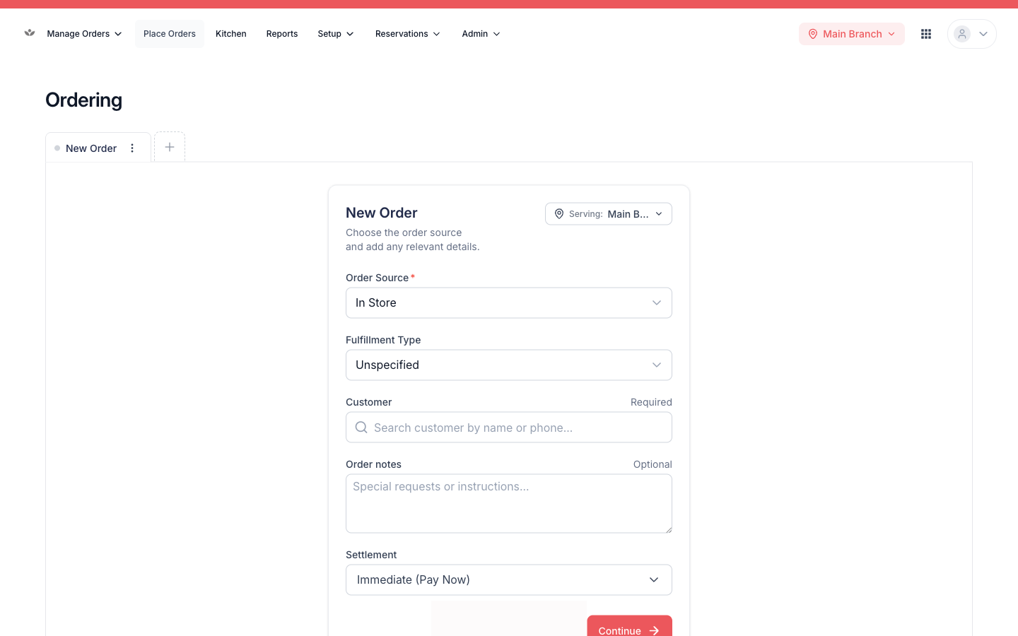 The Place Orders order-setup screen with fulfillment options.