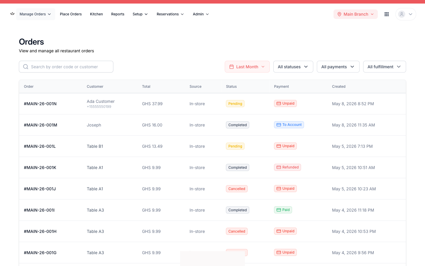 The order list with filters and the quick tabs.