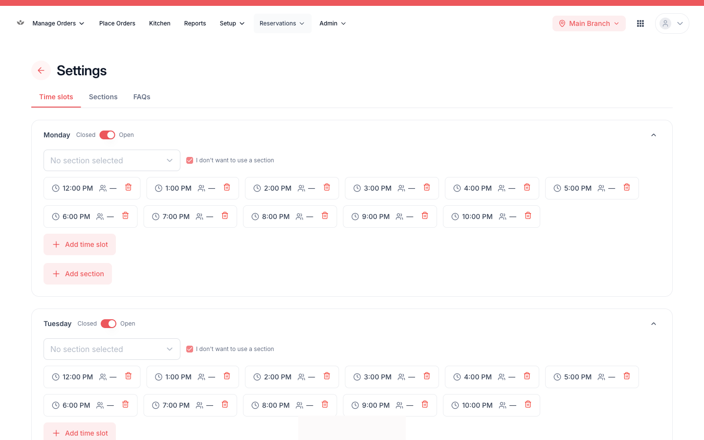 The reservation settings screen.