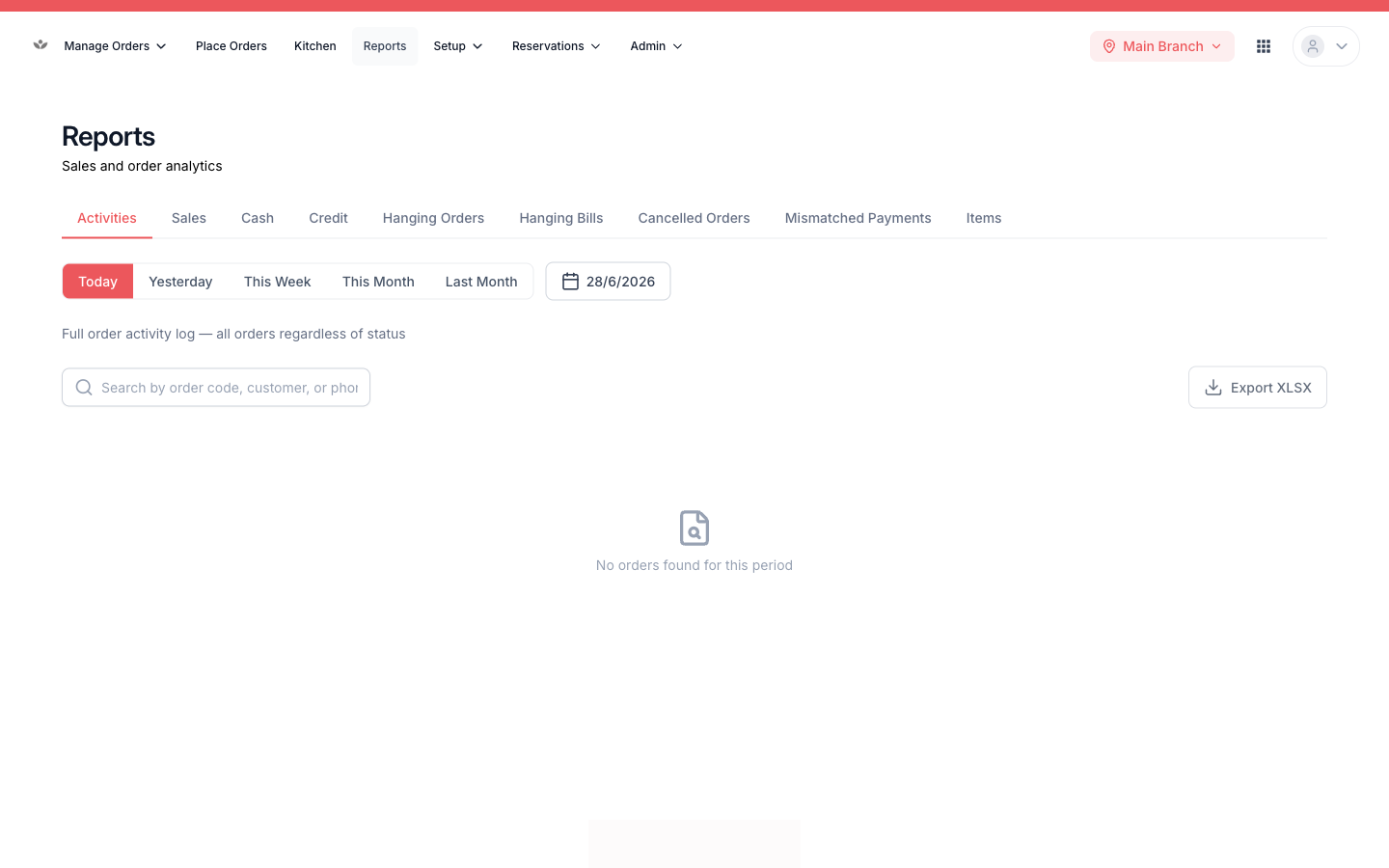 The reports menu listing all report types.