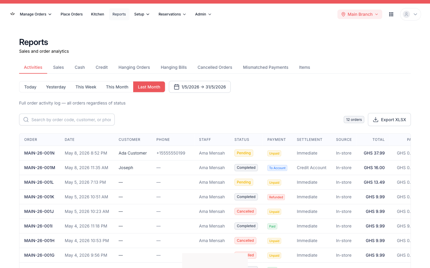 Activity log — all order activity across every status.
