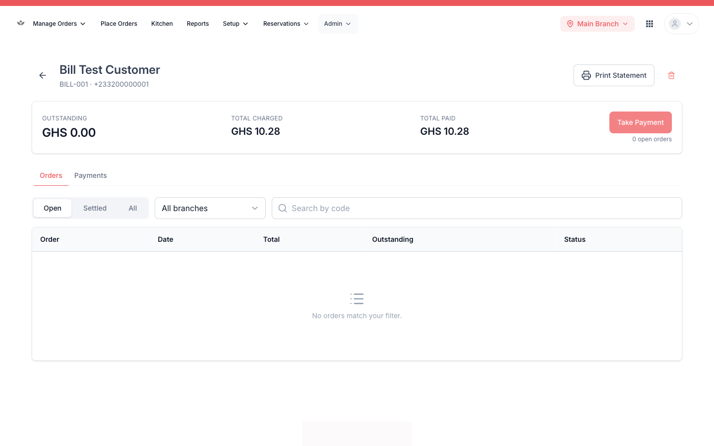 An account detail page with balance, outstanding orders, and the settle action.