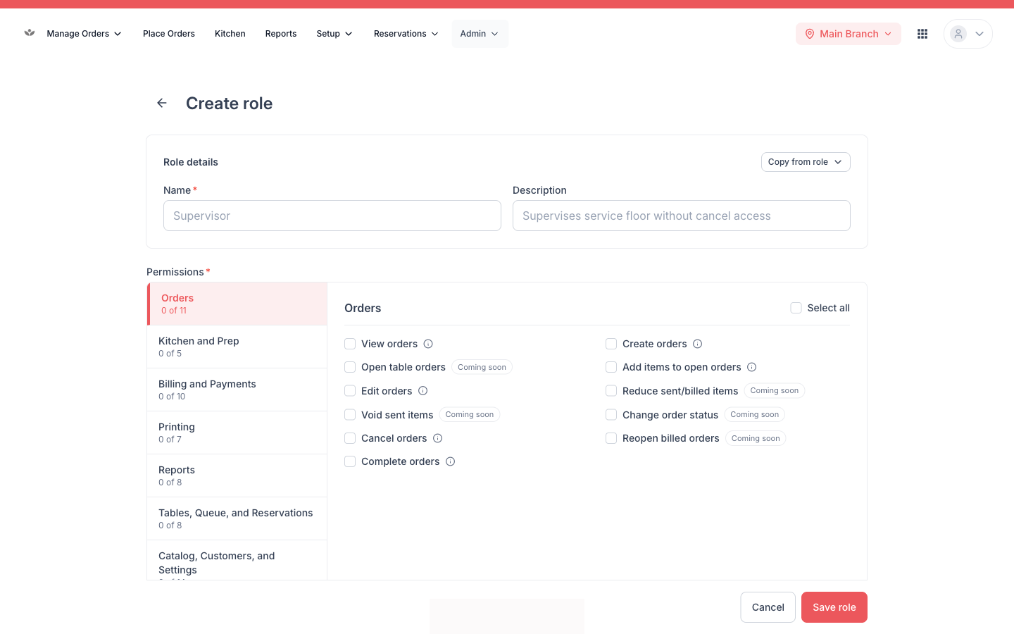 The role editor with permission toggles grouped by area.